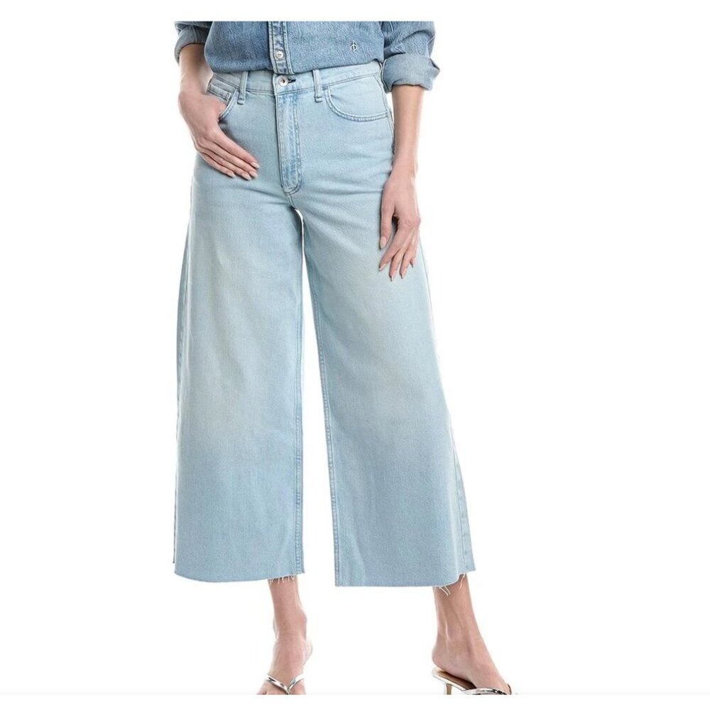Rag & Bone Serena High-Rise Light‎ Wash Wyncote Wide-Leg Crop Jean SZ 32 Raw Hem
